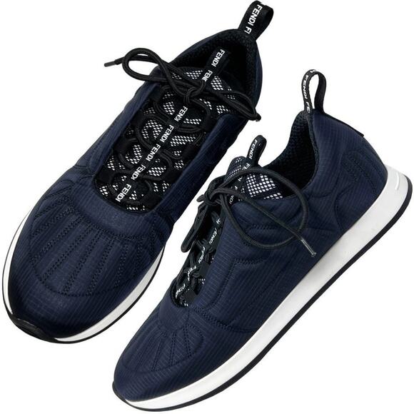 Fendi Trainers Navy Blue Quilted Nylon FFreedom Logo White Sole Sneakers- 37.5 - Picture 1 of 11